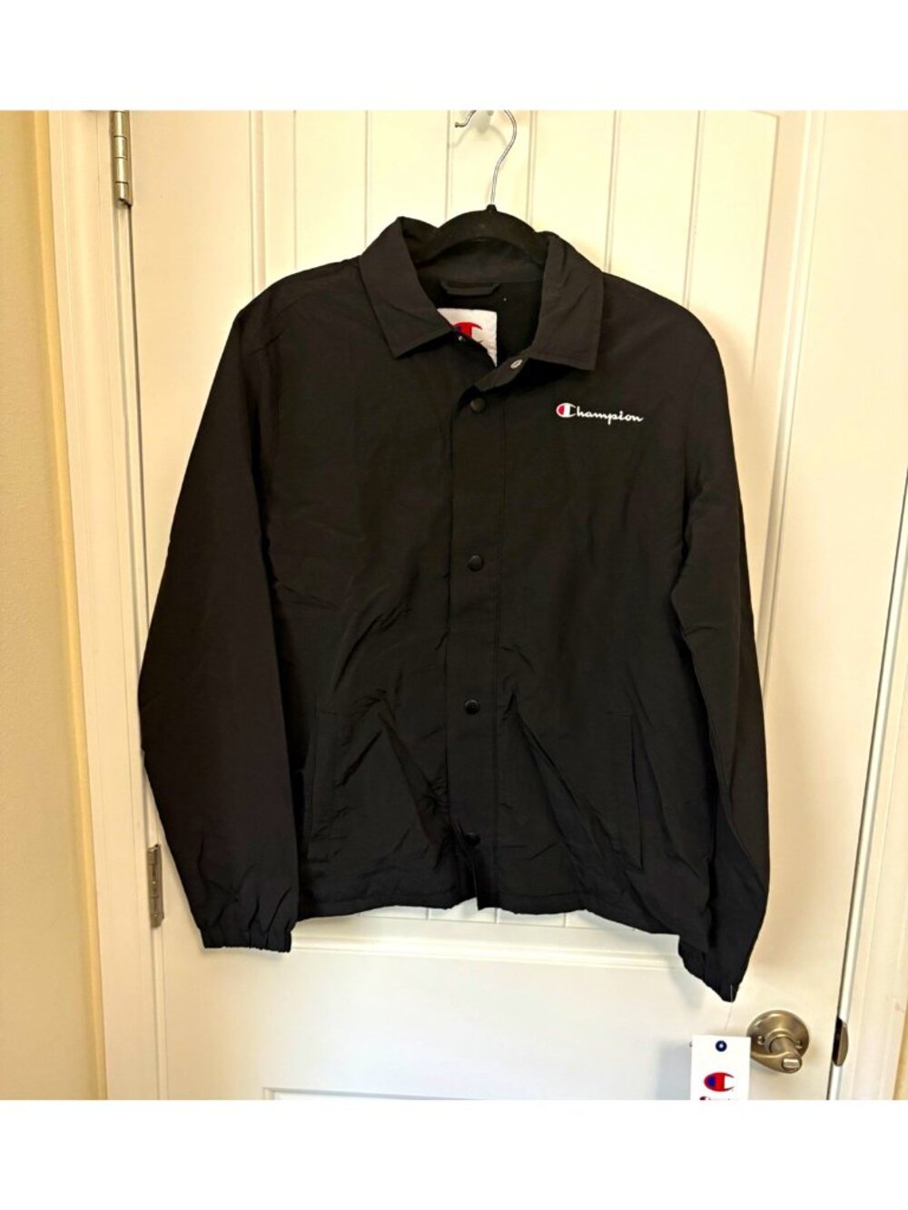 Champion Coach Jacket Snap Front Logo Pockets Black Men's XL (18/20) Chest 42”